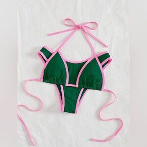 Chic Green Bikini two piece set with Pink Trim